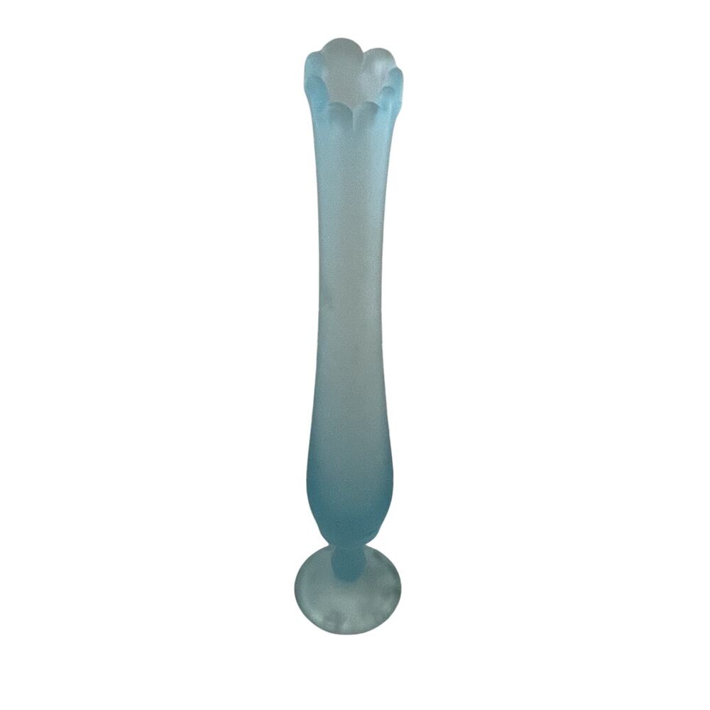 VTG. Blue Satin Glass Bud Vase 11” Frosted Ruffled Rim Pedestal Mid Century
